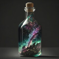 Milky way, space nebula in a glass bottle on the ocean, sand, wave, cave, magic, fantasy landscape, sunset. AI