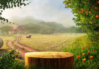 Tree trunk wood Podium display for food, perfume, and other products on nature background, farm with grass and Orange tree, Sunlight at morning