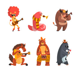 Funny Animal Character Playing Different Musical Instrument Performing Concert Vector Set