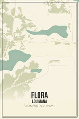 Retro US city map of Flora, Louisiana. Vintage street map.