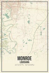 Retro US city map of Monroe, Louisiana. Vintage street map.
