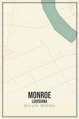 Retro US city map of Monroe, Louisiana. Vintage street map.