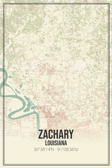 Retro US city map of Zachary, Louisiana. Vintage street map.