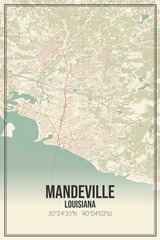 Retro US city map of Mandeville, Louisiana. Vintage street map.
