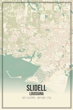 Retro US city map of Slidell, Louisiana. Vintage street map.