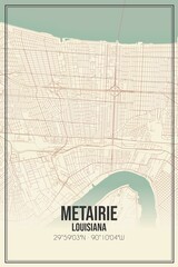 Retro US city map of Metairie, Louisiana. Vintage street map.