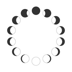 Moon phases. Calendar Lunar cycle. New, quarter, half, full Moon silhouettes moving around in circle. Round shapes of Luna celestial object isolated on white background