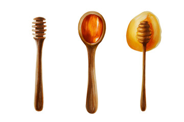 Watercolor set of honey on a stick and drops, dripping honey, honey in a wooden spoon. Hand drawn immunity strengthening vitamins illustration 