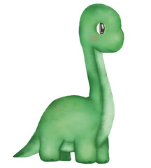 Watercolor illustration of cute baby green diplodocus. Idea for children’s art, cartoon, icon, stickers, banner, print, magazine, books, background 