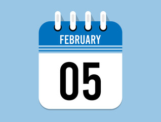 5 day February calendar icon. Banner for appointments, special dates and birthdays. Calendar vector for February in blue color on light background