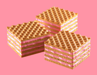 Wafers cubes with strawberry cream filling. crispy cubes. 3d illustration. Isolated on background