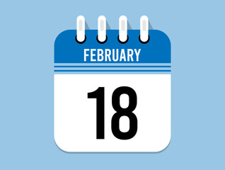 18 day February calendar icon. Banner for appointments, special dates and birthdays. Calendar vector for February in blue color on light background