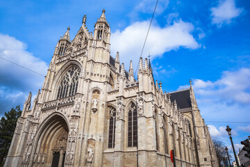 Church of Our Blessed Lady of the Sablon, or Eglise Notre Dame du Sablon in Brussels, Belgium. 15th-century Catholic church with baroque chapels & Gothic architecture in the Sablon district.