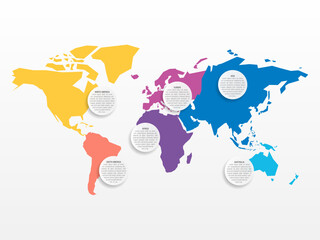 Naklejka premium World map and continents infographics. Circular text fields and map of World with different color of each continent. Vector illustration