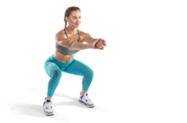 Beautiful woman at the gym doing fitness exercises. Sports transparent background.	