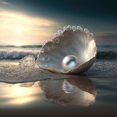 Fantasy seascape, seashell with pearls on the ocean, waves, sea foam, sunset. AI - obrazy, fototapety, plakaty