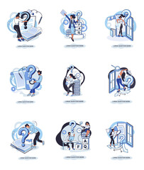 Fototapeta premium Ladge question mark metaphor. Problem and solution concept, question mark. Ask questions and receive answers. Online support center. Solving complex issues, why sign forum. FAQ frequently asked help