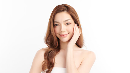 Beautiful young asian woman with clean fresh skin on white background, Face care, Facial treatment, Cosmetology, beauty and spa, Asian women portrait.