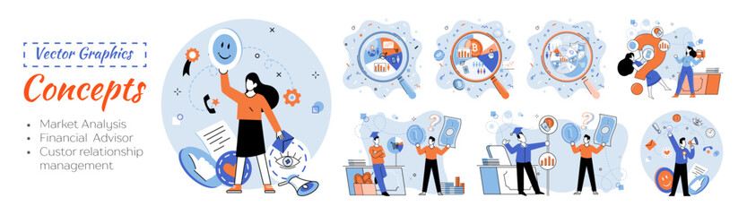 Market statistics analysis, financial advisor, customer relationship management business themes metaphor. Investment money, management planning for customer. Fiscal consultantation, client interaction