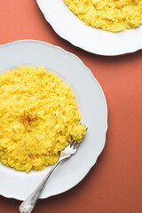 Close-up of risotto alla Milanese in a white aristocratic dish on the red terracotta background. A classic recipe for Lombard risotto with saffron for the cold season. Cuisine of the north Italy 