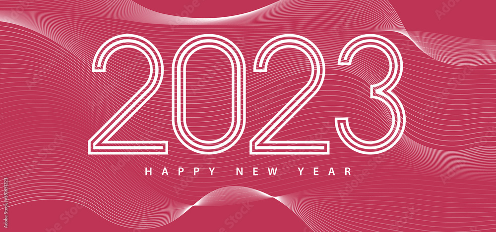 Aufkleber 2023 Happy New Year banner. 2023 modern text vector luxury design viva magenta color background with abstract white line pattern. Happy new year card.  