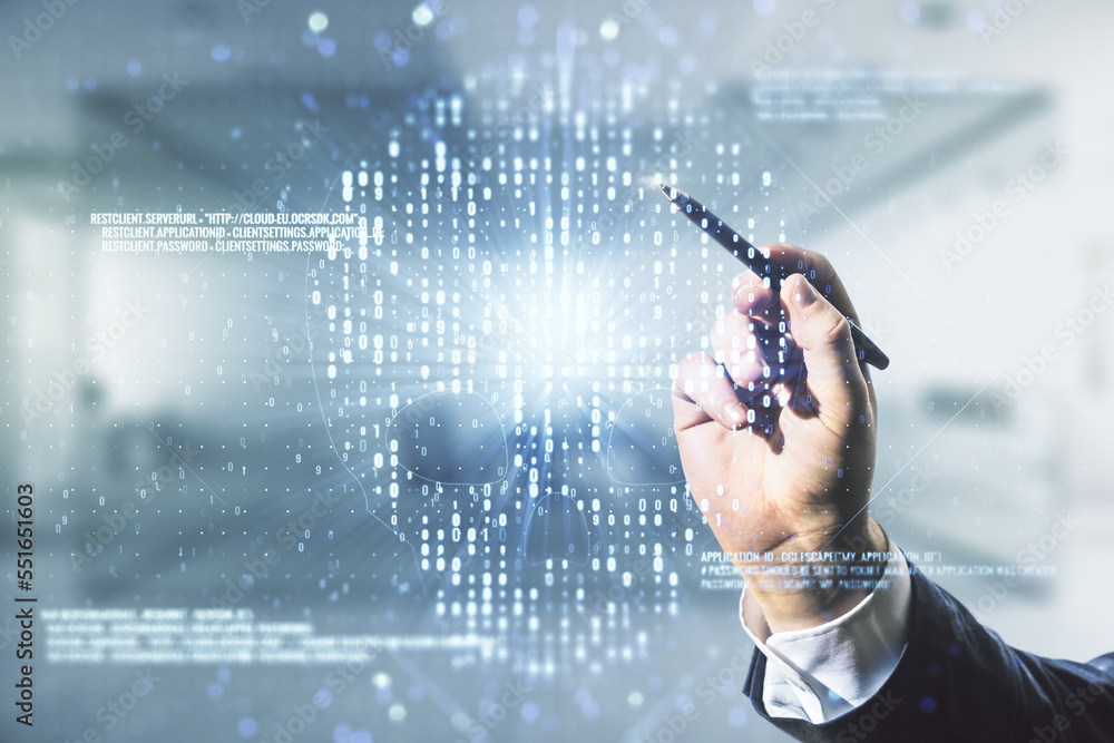 Poster man hand with pen working with abstract virtual code skull illustration on blurred office background