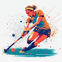 Field hockey player hitting ball, Hockey player field, sport concept with motion and paint splatter concept illustration