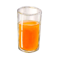 Watercolor orange juice in a transparent glass. Isolated on white background. For menu, cookbook design.