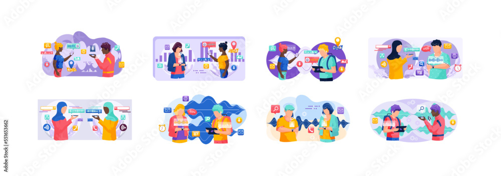 Poster voice assistant. smart speaker virtual assistant, sound robot, people using voice controlled smart s