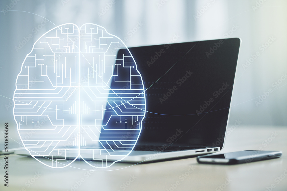 Poster double exposure of creative artificial intelligence symbol with modern laptop on background. neural 