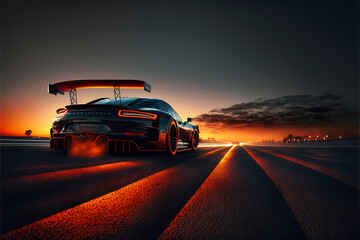 Fototapeta na wymiar sunset on the road asphalt, Car Racer Motorsport, landscape digital illustration