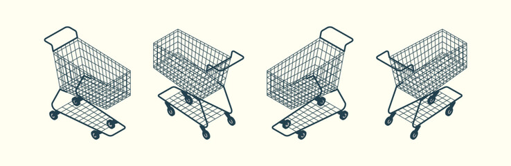 Empty isometric pushcart or shopping cart. Wire pushcart