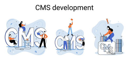 Digital content management system, CMS development software metaphor. Information system or computer program enable organize collaborative process of creating, editing and managing soft in network
