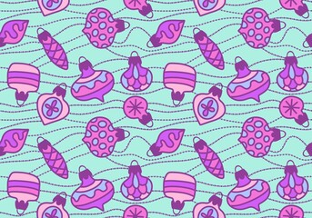 Cartoon Christmas tree balls seamless line art toys pattern for wrapping paper and fabrics and linens and kids