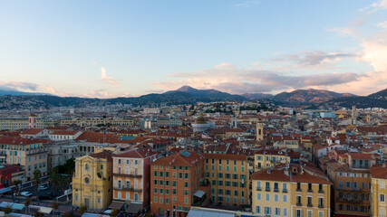 Nice, France Aerial view of coast of sea and city.  Buildings in old Town , Drone view 