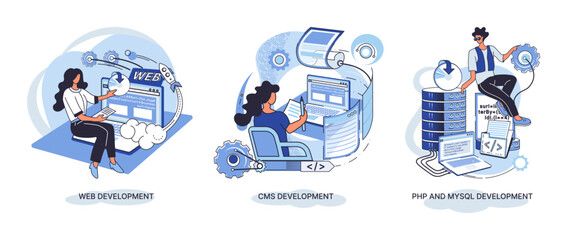 Website architecture concepts metaphor. Web development, PHP and MySQL, CMS, interface design, software testing. Creation digital Software mobile, desktop platforms. Digital content management system