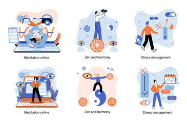 Meditation online. Self-management, self regulation learning, self-organization course, control over emotions metaphor Online yoga at home meditating. Deals with stress management, zen and harmony