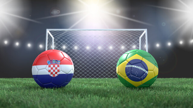 Two soccer balls in flags colors on stadium blurred background. Croatia vs Brazil. 3d image
