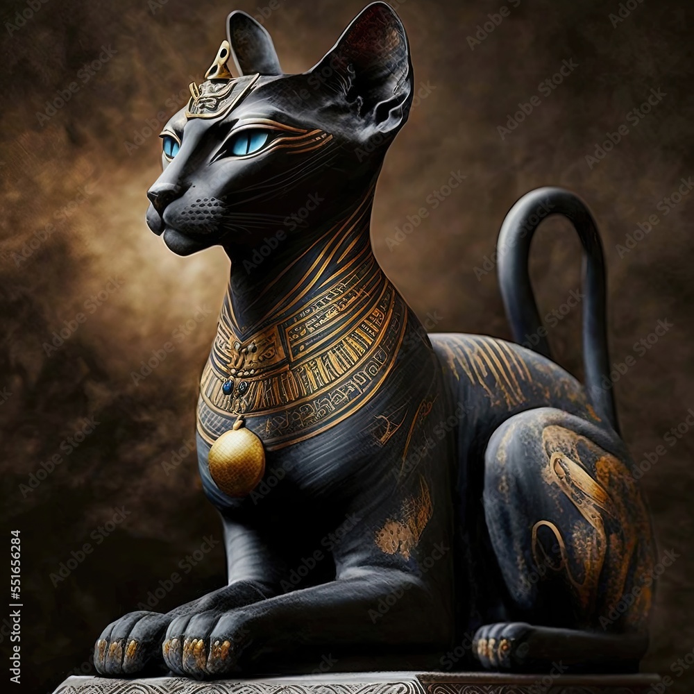 Wall mural Ancient Egyptian black cat with golden ornaments. Statuette in black interior, podium. Ancient Egyptian goddess Bastet. AI