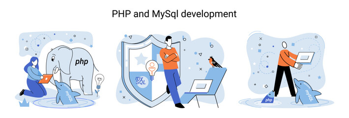 PHP and MySql development metaphor. Software website developer with computer, programmer service, open source general purpose programming language. Scripting web applications allows to create programs