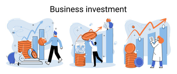 Business investment metaphor. Investment capital for profit and income multiplying. Buying shares and funds, modern economy. Investor strategy, financing business activities. Active or passive income