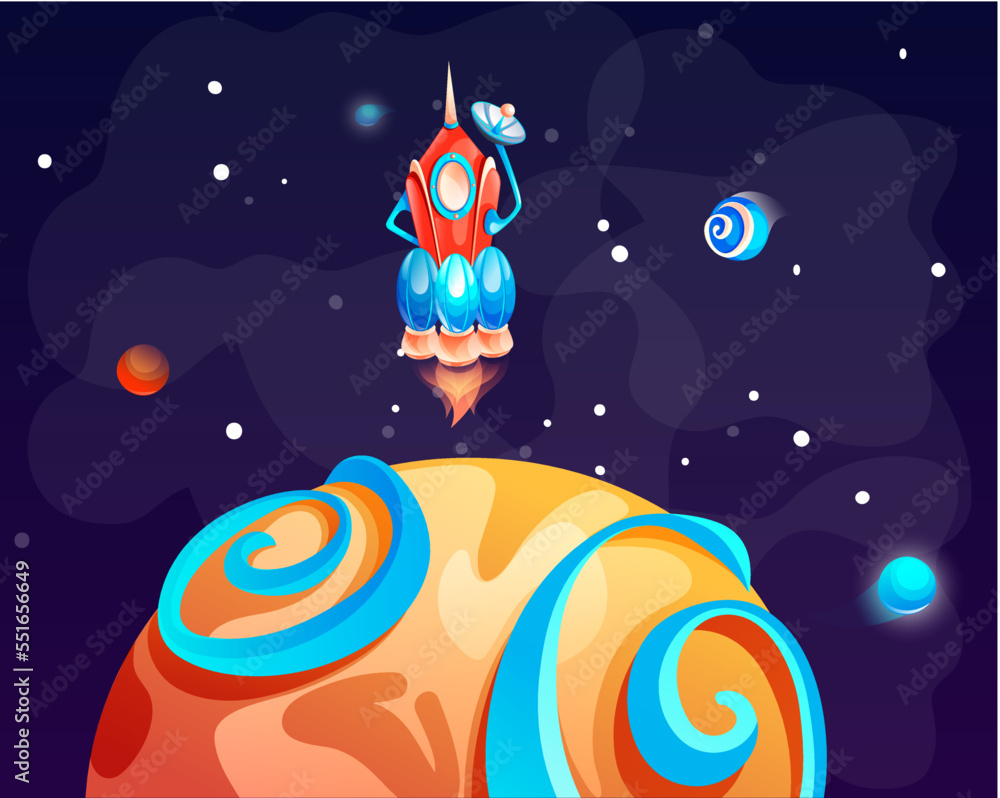 Poster cosmic background with rocket in dark space, alien planet deserted landscape with mountains, rocks, 