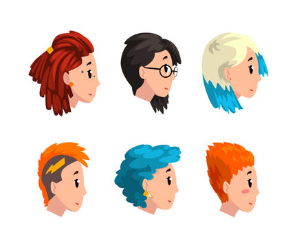 Profile Portrait or Head of Woman Character with Modern Hipster Hairstyle Vector Set