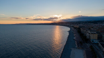 Nice, France Aerial view of coast of sea and city.  Buildings in old Town , Drone view 