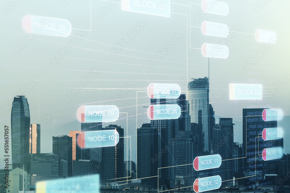 Poster multi exposure of abstract programming language hologram on los angeles office buildings background,