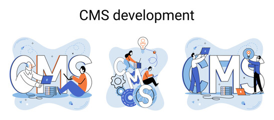 Digital content management system, CMS development software metaphor. Information system or computer program enable organize collaborative process of creating, editing and managing soft in network