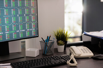 Partial view of computer monitor with financial analysis software for stock market investment risk. Investment specialist desk with work materials on the table early in the morning.