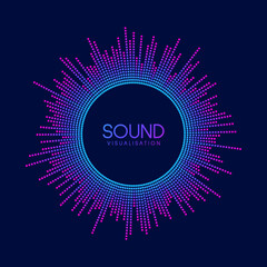 Circle sound wave visualisation. Pixel music player equaliser. Radial audio signal or vibration element. Voice recognition. Epicentre, target, radar, radio icon concept.