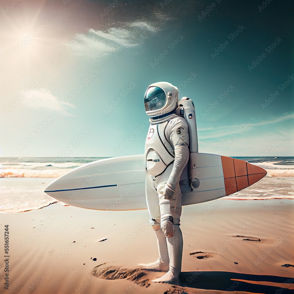 Poster an astronaut with a surfboard. a high-tech astronaut from the future. the concept of space travel. g