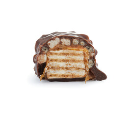 Piece of chocolate bar with caramel on white background